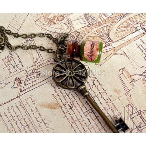 12pcs/lot vintage Steampunk Key Necklace Absinthe glass bottle in bronze