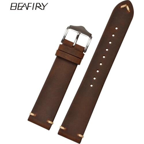 BEAFIRY Hot Brown Vintage Crazy Horse Genuine Leather 18mm 20mm 22mm Watch Band Calfskin Leather Watch Strap for Men Women Belt