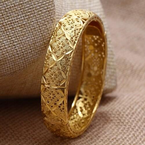 24K Big Flowers Gold Color Bangles For Women Copper Jewelry Ethiopian Arabic India Wedding Gifts
