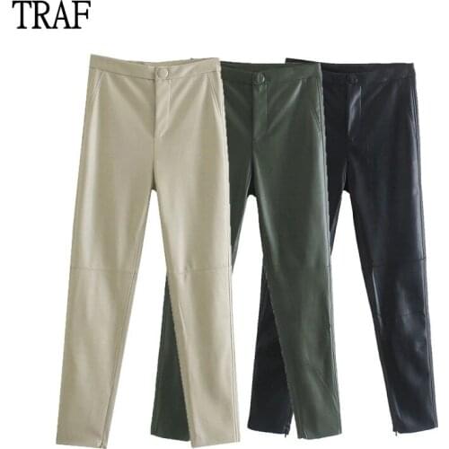 TRAF Za Women Pu Leather Pants 2021 Sexy Bodycon Trousers High Waist Pant Casual Pencil Pants Black Streetwear Women Clothing