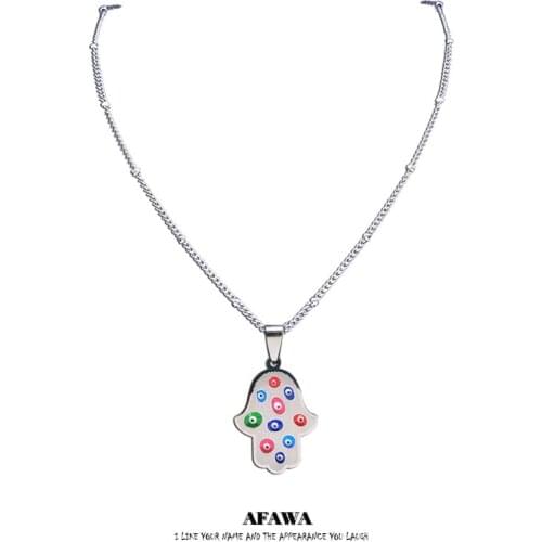 Colorful Turkey Eyes Islam Hamsa Hand Stainless Steel Chain Necklaces Women Silver Color Muslim Necklace Jewelry chaine N5237S01