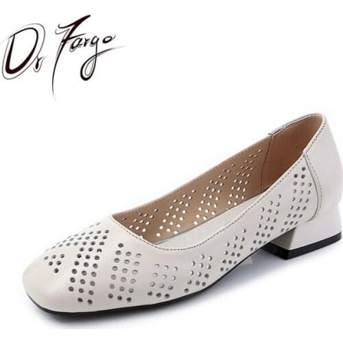 DRFARGO Summer OL Shoes Genuine Leather 3cm Low Block Heel Hollow Breathable Pumps Cutout Square Toe Soft Working Shoes size 43