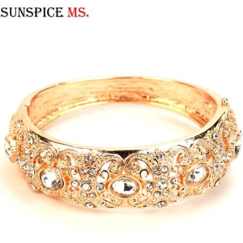 Sunspicems Pink Gold Color Female Cuff Bracelet Bangle Morocco Women Wedding Jewelry Inlaid Crystal Bridal Gift Drop Shipping
