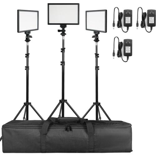 L122T 3 Sets LED Video Light Kit with Tripod Dimmable Bi-color 3200K-5600K CRI 95 Studio Photo Lamp Metal Panel
