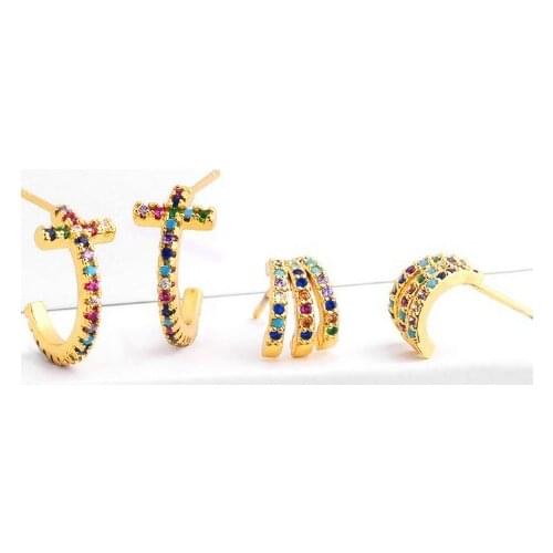 Cross multicolor Brass micro pave cz zircon cubic zirconia drop Hoop Earrings copper gold plated crystal studs jufh3