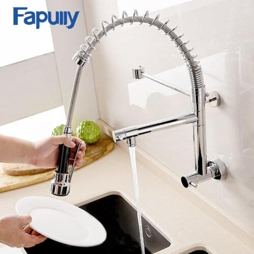 Fapully Kitchen Faucet Wall Mounted Chrome Finished Pull Out Spring Swivel Spout 360 Degrees Vessel Single Cold Sink Mixer Tap