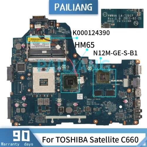 Mainboard For TOSHIBA Satellite C660 Laptop motherboard LA-7201P K000124390 N12M-GE-S-B1 HM65 DDR3 Tested OK