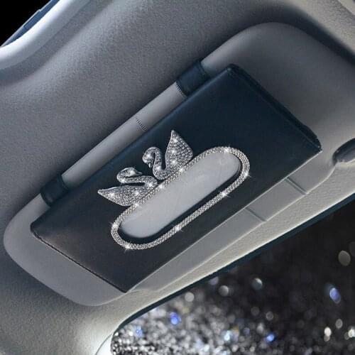 Fashion PU Leather Car Tissue Box Sun Visor Bling Bling Diamond Swan Crown Tissue Box Holder for Car Accessories Girls Women