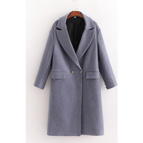 Evfer Women Fashion Winter Double Breasted Loose Coats Female Casual Woolen Blue Outwear Ladies Blue Elegant Thick Long Jackets