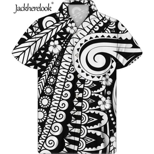 Jackherelook Summer Short Sleeve Shirts for Mens Clothing Black Polynesian Tribal Floral Print Beach Hawaiian Tops Male Clothes