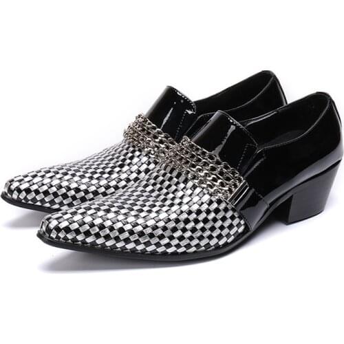 Zapatos De Hombre Genuine Leather White Black Checkered Men Shoes For Men Slip On Pointed Toe Wedding Office Oxford Shoes