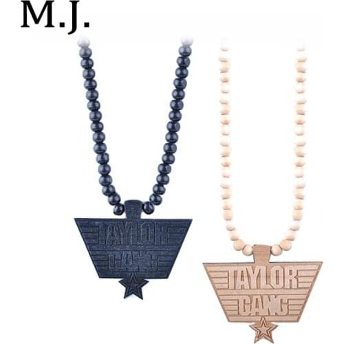 Mens Hip Hop Taylor Gang Wood Pendant Necklace Colares Rock Wooden Long Beads Chain Necklace Male Jewelry Boyfriend Gift