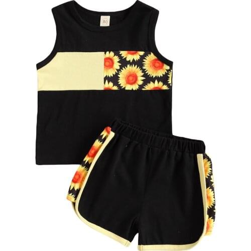 OPPERIAYA Children sleeveless round neck Tank Tops Sunflower Print Shorts Color Block Casual Cool Summer casual Clothing
