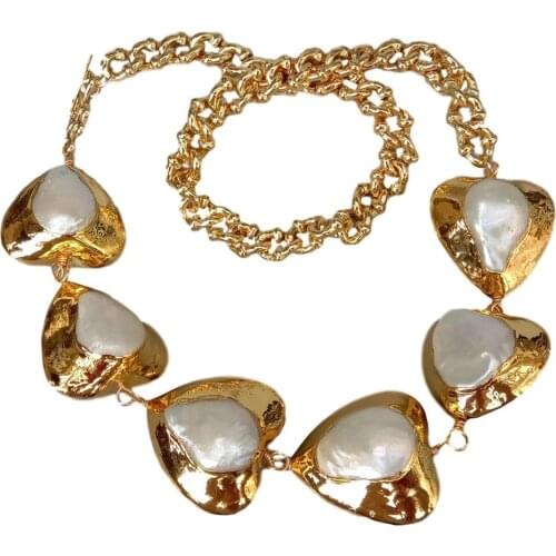 YYGEM 22" natural Cultured White Heart-Shaped Freshwater Pearl gold color Chain choker Necklace
