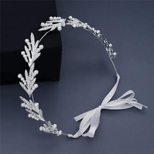 OKILY New Women Jewelry Wedding Crown Headband Leaf Pearl Ornament Bridal Rhinestone Hairbands with Ribbon Accessories for Girl