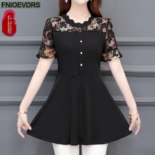 Plus Size 5XL 4XL 3XL Clothes Elegant Blusas Women Blouse Fashion Office Lady Belly Black Lace Vintage Retro Tunic Peplum Tops