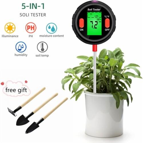 5 in 1 Soil Ph Meter Soil Tester PH Moisture Meter Temperature Sunlight Intensity Humidity Tester Backlit LCD Display For Garden