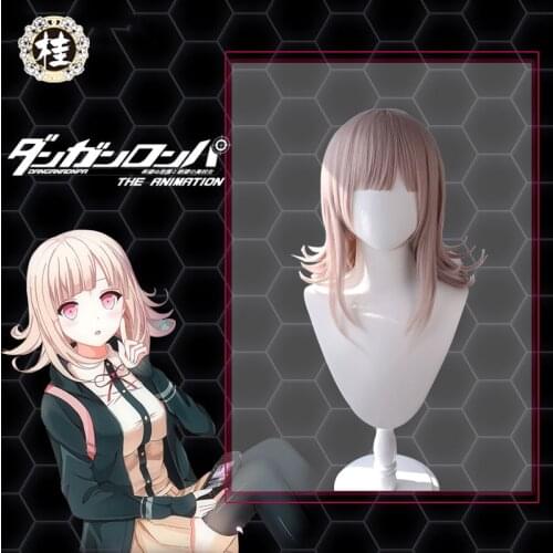 Uwowo Danganronpa ChiaKi Nanami Cosplay Wig The Ultimate Gamer 40cm Light pink brown Wavy Hair