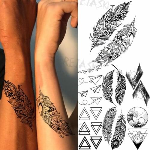 Feather Henna Wrist Temporary Tattoos For Women Men Geometry Airplane Mountain Sea Realistic Fake Tattoo Fashion Washable Tatoos