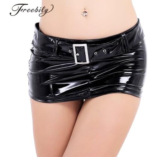 Black Women Micro Mini Skirt Wetlook Patent Leather Bodycon Skirt Sexy Short Mini Skirt with Waist Belt Loops Party Clubwear