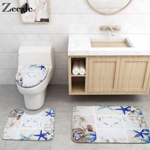 Zeegle 3Pcs Bath Mat Bathroom Carpet Seaside Style Mats For Toilet Bathroom Rug Non-slip Bathroom Mat Toilet Cover Floor Rugs