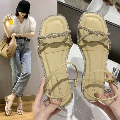 2021 Fashion Rhinestone Flat Sandals Woman Summer Womens Flat Sandals Ladies Sexy Roman Style Open Toe Transparent Sandals New