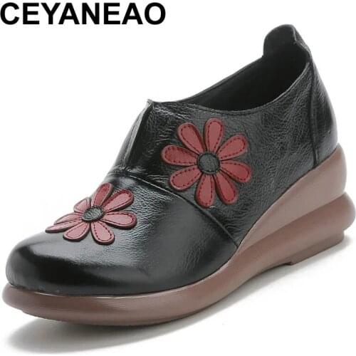 CEYANEAO 2021Women Embroidered Flower Flat Shoes, Genuine Leather Female Espadrilles Ethnic Design, Fashion