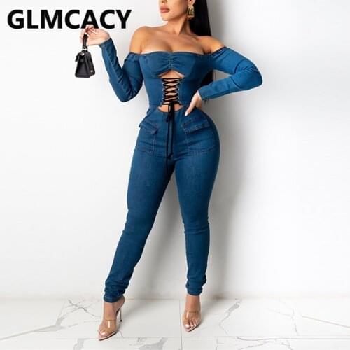 Women Long Sleeve Lace Up Detail Denim Jumpsuit Off Shoulder Cut Out Overalls