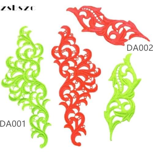 2 Pairs Venise Fluorescent Yellow Orange Flower Lace Trim Tango Dance Ballet Costumes Dress Decor Sewing Applique Crafts DA001