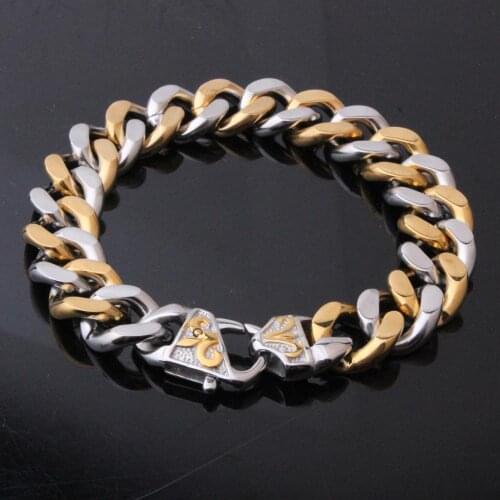 7-11inch High Quality Trendy Silver Color&Gold Stainless Steel Cuban Curb Chain Bracelet Bangle Mens Boys Jewelry 13/15MM Wide