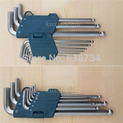 9pcs/set steel with matte chrome plated extra long hex key ball end set allen key 1.5-10mm Wrench Tool Handle