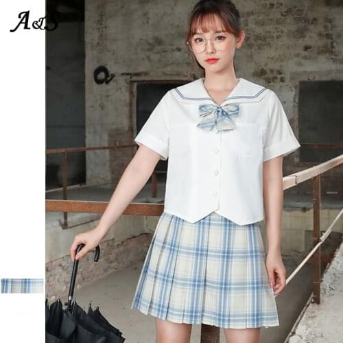 Anbenser Cute Sailor suit Long sleeve JK School uniform sets for girls White shirt dark blue pleated skirt suits Student Cosplay