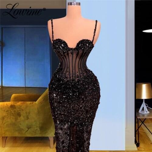 Illusion Black Evening Dresses Beaded Mermaid Long Party Gowns 2021 Custom Made Arabic Spaghetti Straps Prom Dress Robes
