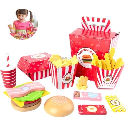 Wood Material Kids Kitchen Toy Set Simulated Hamburger Toy Realistic DIY Hamburger Fries Set For Children Entertainment Toy