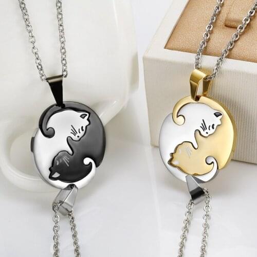 Two Cat Couples Jewelry Necklace Black White Kitten Animal Pendant Choker Necklace Women Valentines Day Thanksgiving Day Gift