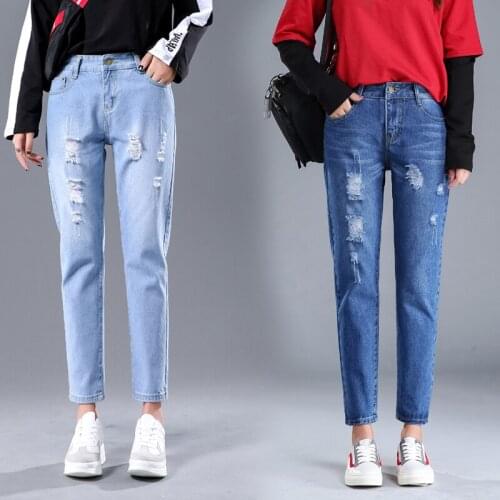 Best Sellers 2019 New Original Scratched Shredded Jeans Female Cotton Ankle-Length Pants High Waist Jeans Student Streetwear