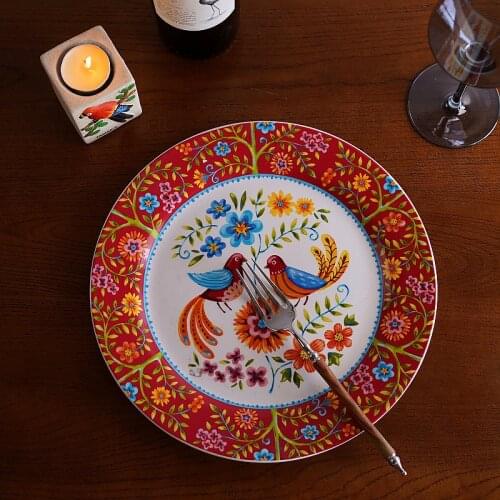 European Bohemian flower and bird series ceramic 10 inch Western food plate main meal steak pasta plate