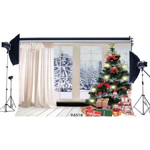 Christmas Backdrop Xmas Decoration Tree Gifts Droplight Curtain Forest Heavy Snow Wood Plank Interior Photography Background