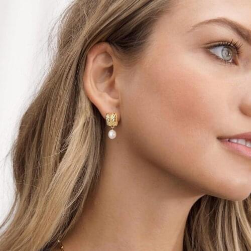 Hammered Metal Womens Pearls Drops Copper Stud Earrings Elegant Irregular Shaped Geometric Earring