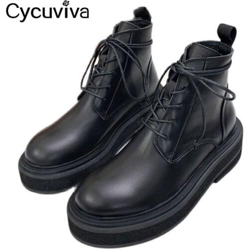 New Black Leather Chelsea Ankle Boots For Women Thick Sole Lace Up Motorcycle Boots Platform Flat Casual Boots Women Botas Mujer