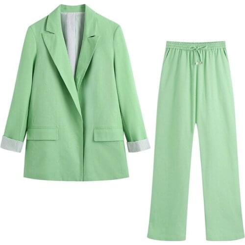 2021 Fall Womens Clothing New Simple Style Printed Cuff Blazer Wide Leg Pants for Women