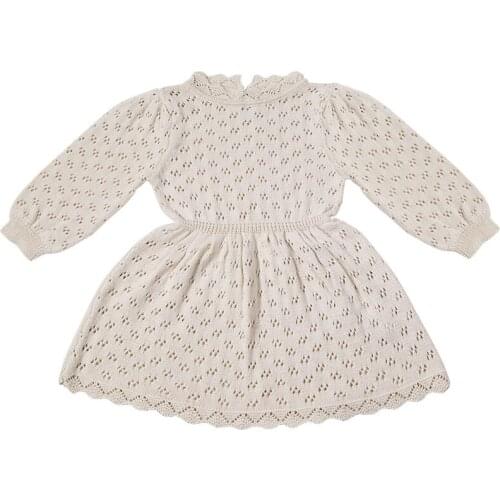 Toddlers Girls Knitted Hollow Out Dress 2020 Autumn New Kids Clothes Solid Color Puff Sleeve Children Princess Dresses