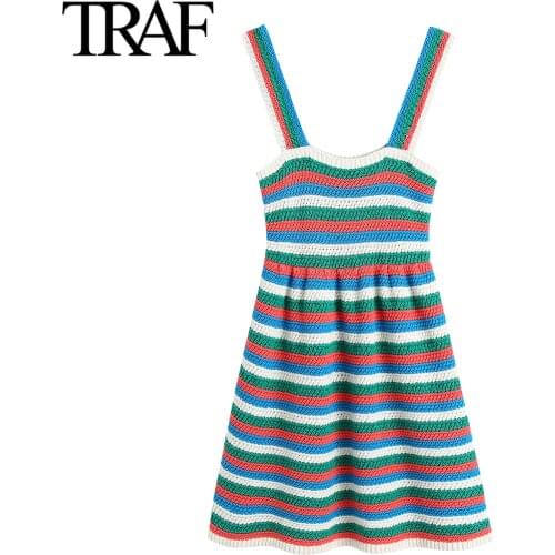 Traf Za Women Fashion Sleeveless Dresses Sexy Summer Knit Dress Rainbow Stripe A-line Mini Dress Vestidos Mujer