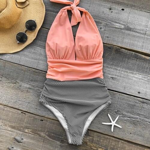 Stripe One-piece Swimsuit V neck Backless Halter Sexy Bikini 2021 Ladies Beach Bathing Swimwear girl