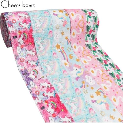 Cheer bows 2y/75mm Printing Sequin Ribbon Unicorn Mermaid Cartoon Glitter Ribbon Gifts Packing Wrapping DIY Hairbows Accessories