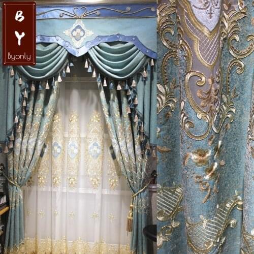 2021 Luxury European Blue-green Hollow Chenille Embroidery Curtains for Villa Bedroom Living Room Blackout Curtains Custom