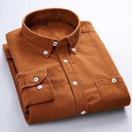 High quality Corduroy Long sleeve Button Down Shirt Men Solid color Slim Casual Business Tops