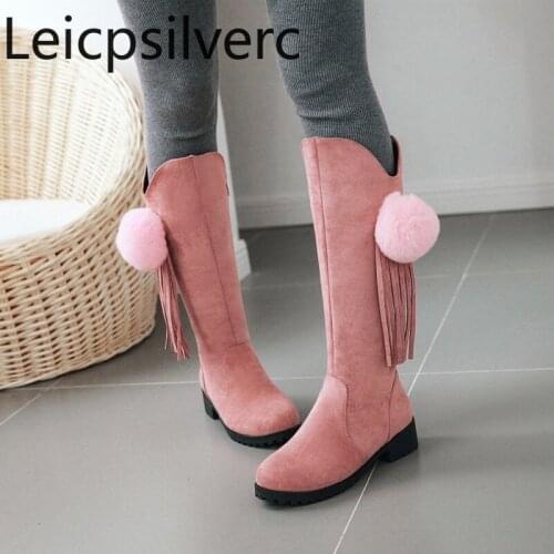 Womens Boots New Autumn And Winter fashion tassel zipper Round head plush Thick heel Low-heeled High tube Womens shoes 34-39