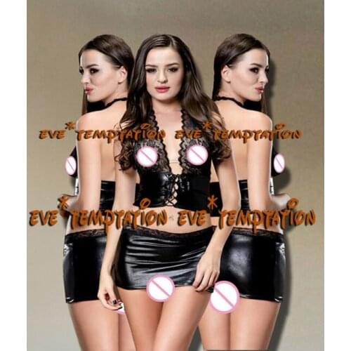 HOT Sexy lace Metallic PVC FAUX LEATHER Underwear Babydolls Lingerie Sheer Dresses Stripper Sleepwear Outfits +miniskirt A199