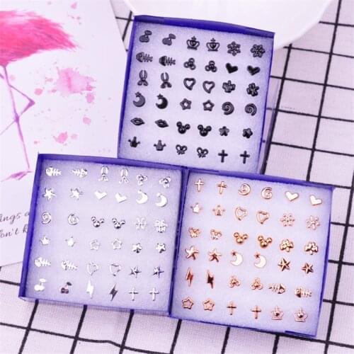 18 Pairs Plastic Earrings Geometric Women Men Hip hop Black Star Moon Heart Stud Earring Set Fashion Jewelry Best Gift Friend